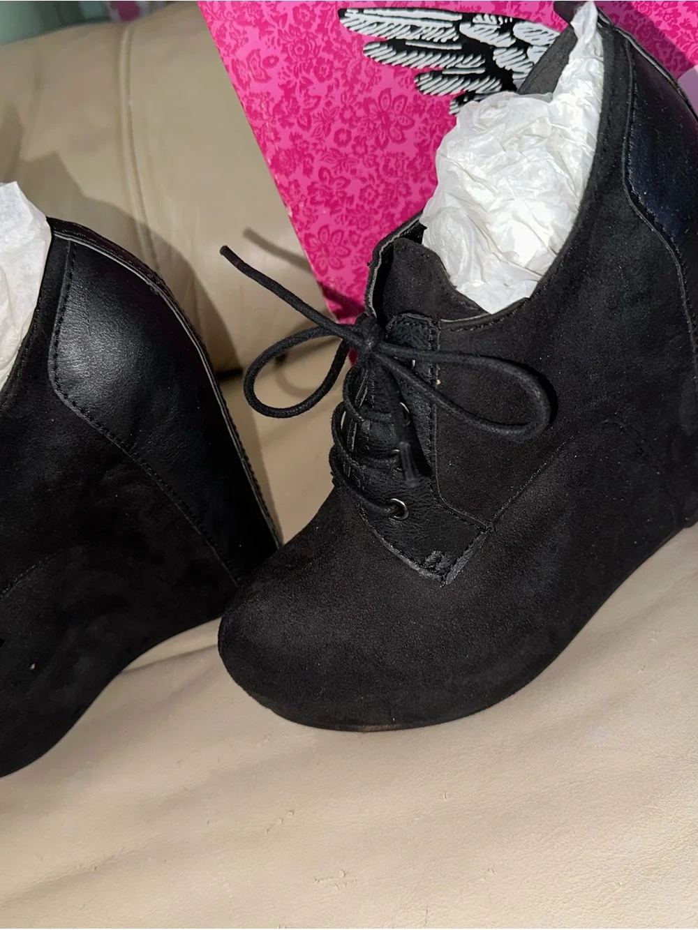 Penny Loves Kenny Mora Black Wedge Lace-Up Ankle Booties NIB